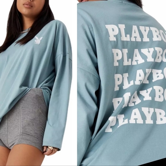 Playboy x Missguided Teal Repeat Masthead Long Sleeve Oversized T-Shirt - Picture 1 of 5